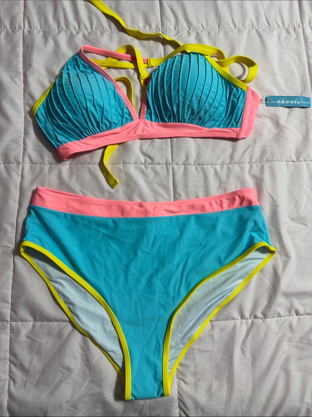 Bright Turquoise, Pink & Yellow Colorblock High-Waist Bikini